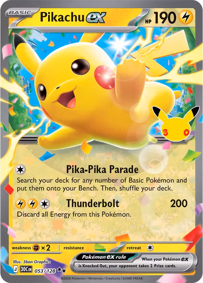 Pikachu ex 053/128 30th Celebration Pokemon card