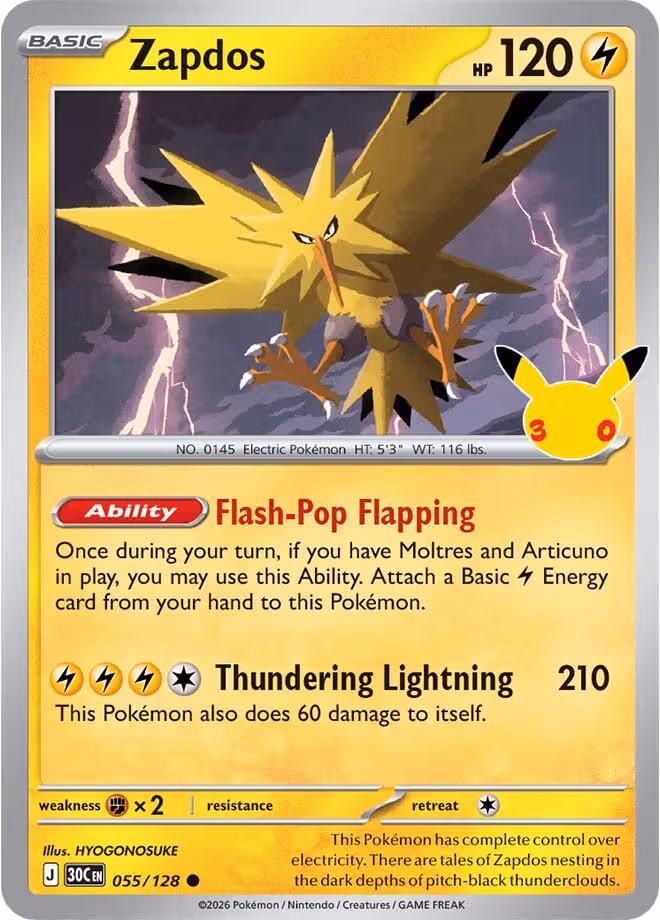 Zapdos 055/128 30th Celebration Pokemon card