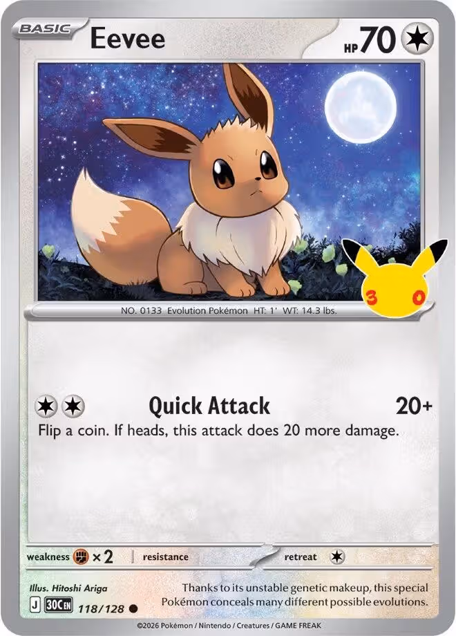 Eevee 118/128 30th Celebration Pokemon card