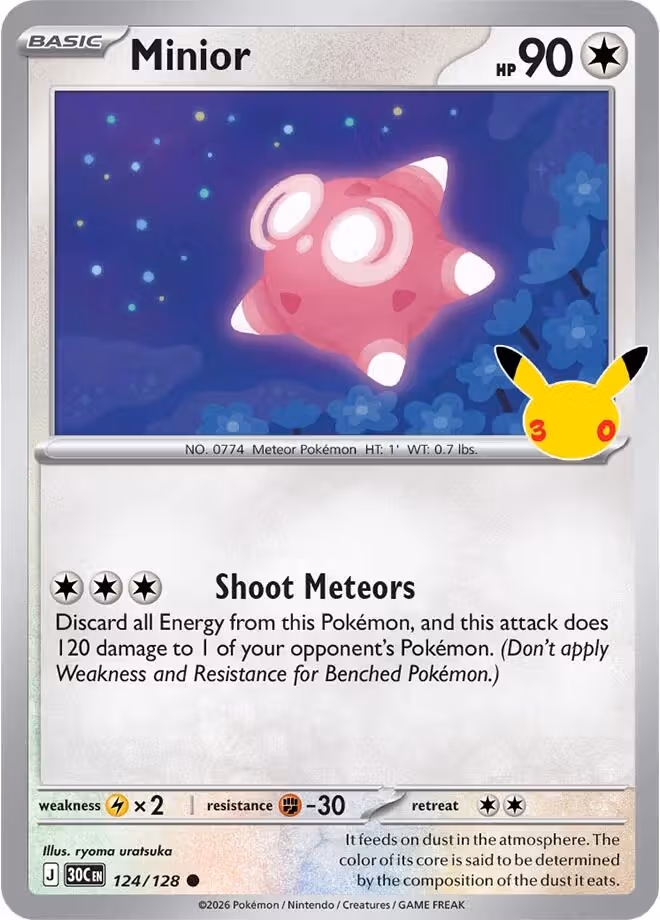 Minior 124/128 30th Celebration Pokemon card