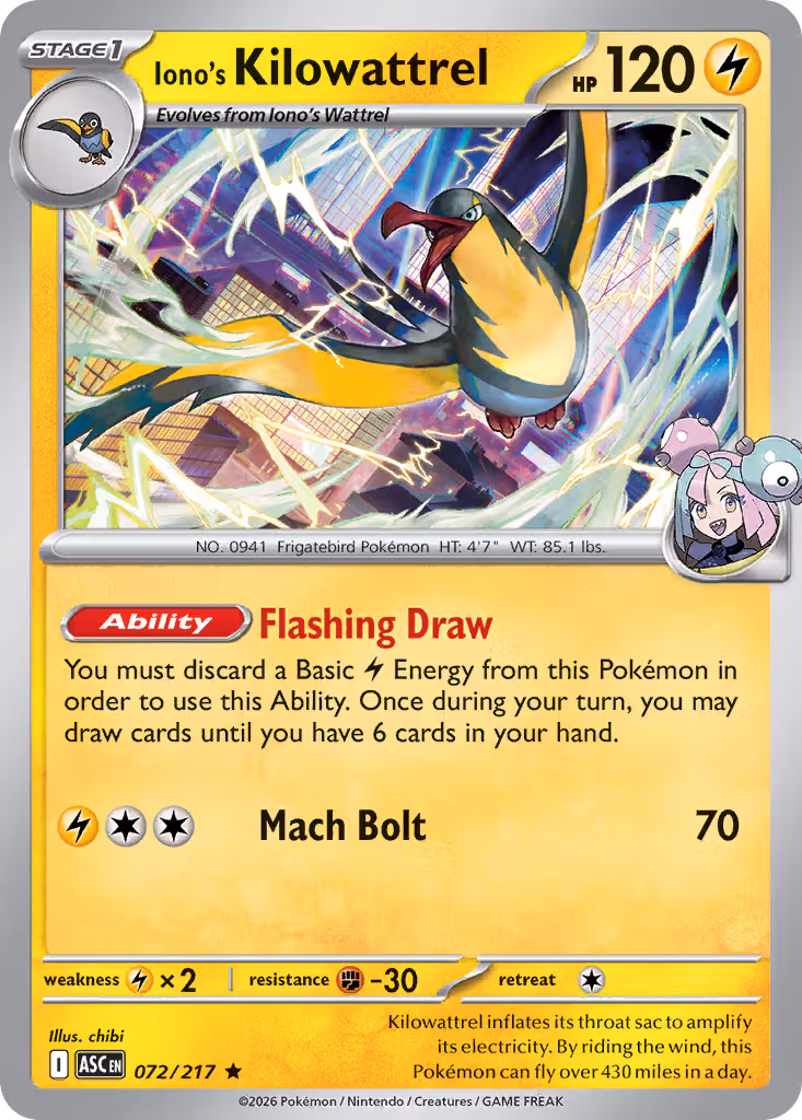 Iono's Kilowattrel 72/217 Pokemon card