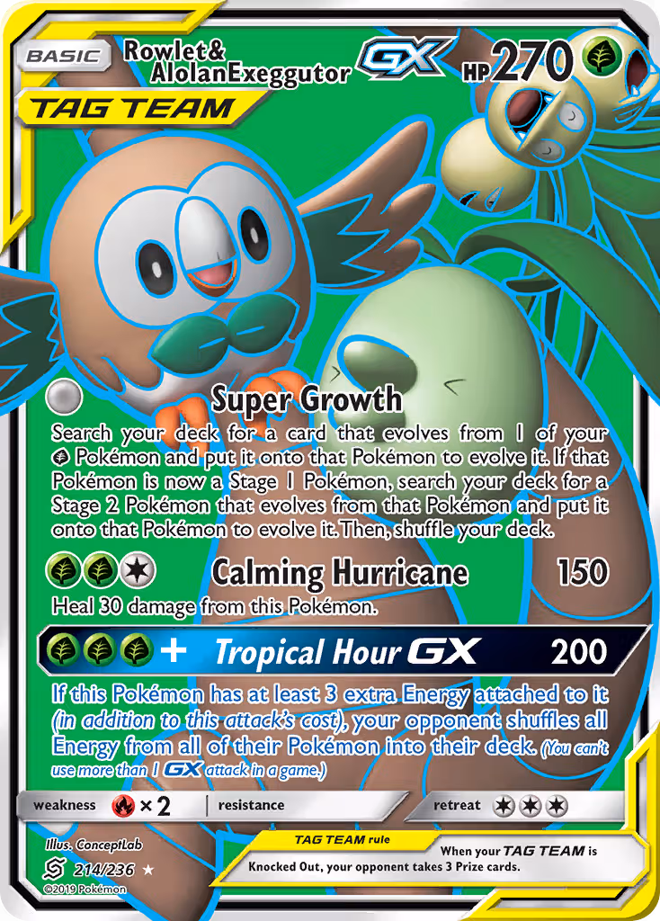 Rowlet & Alolan Exeggutor GX 214/236 Pokemon card