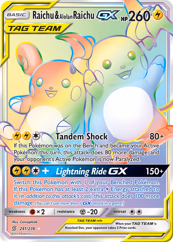 Raichu & Alolan Raichu GX 241/236 Pokemon card