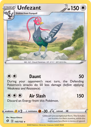 Unfezant 145/192 Pokemon card