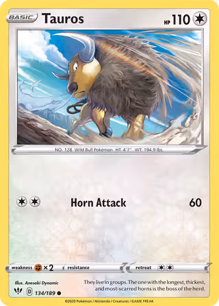 Tauros 134/189 Pokemon card