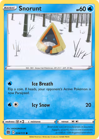 Snorunt 34/172 Pokemon card